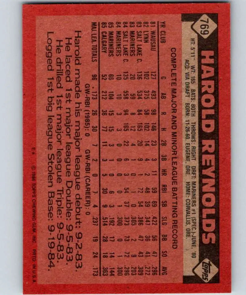 1986 Topps #769 Harold Reynolds EX Excellent RC Rookie Seattle Mariners Baseball Card - Baseball Card Single