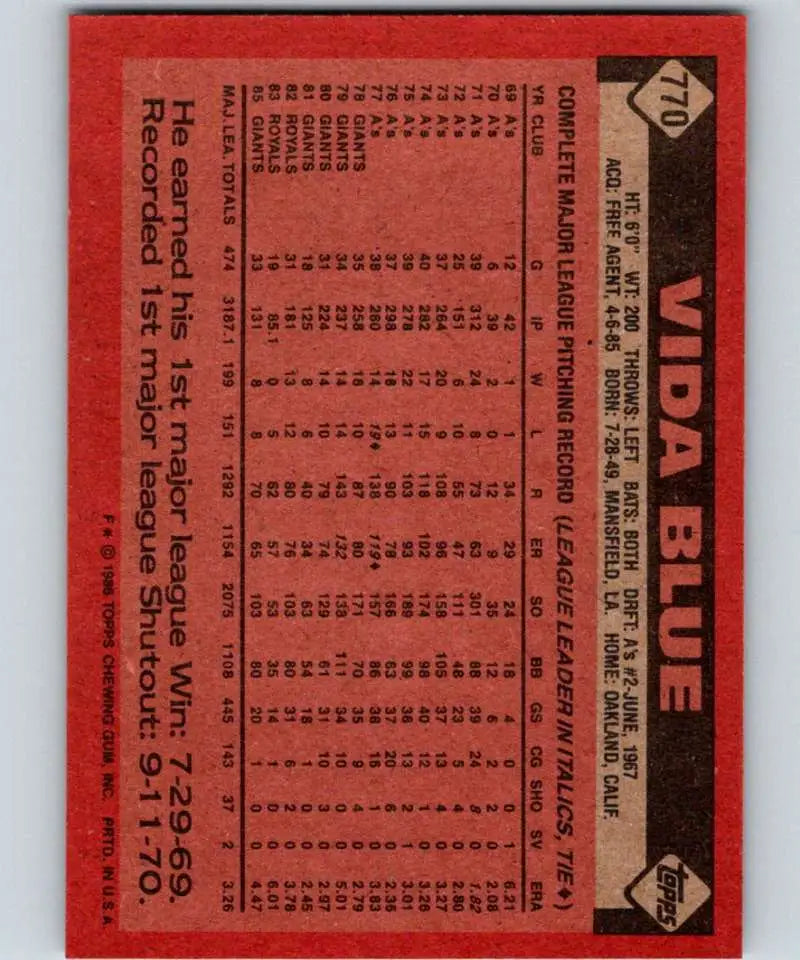 1986 Topps #770 Vida Blue EX Excellent San Francisco Giants Baseball Card - Baseball Card Single
