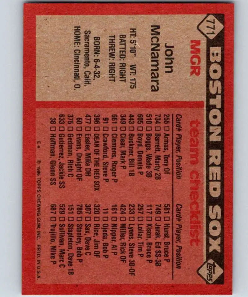 1986 Topps #771 John McNamara EX Excellent Boston Red Sox Baseball Card - Baseball Card Single