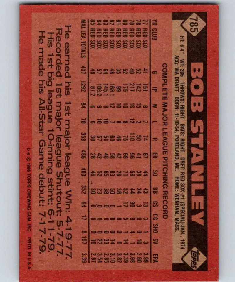 1986 Topps #785 Bob Stanley EX Excellent Boston Red Sox Baseball Card - Baseball Card Single