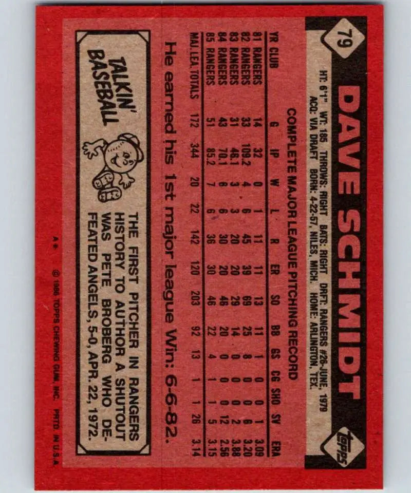 1986 Topps #79 Dave Schmidt EX Excellent Texas Rangers Baseball Card - Baseball Card Single