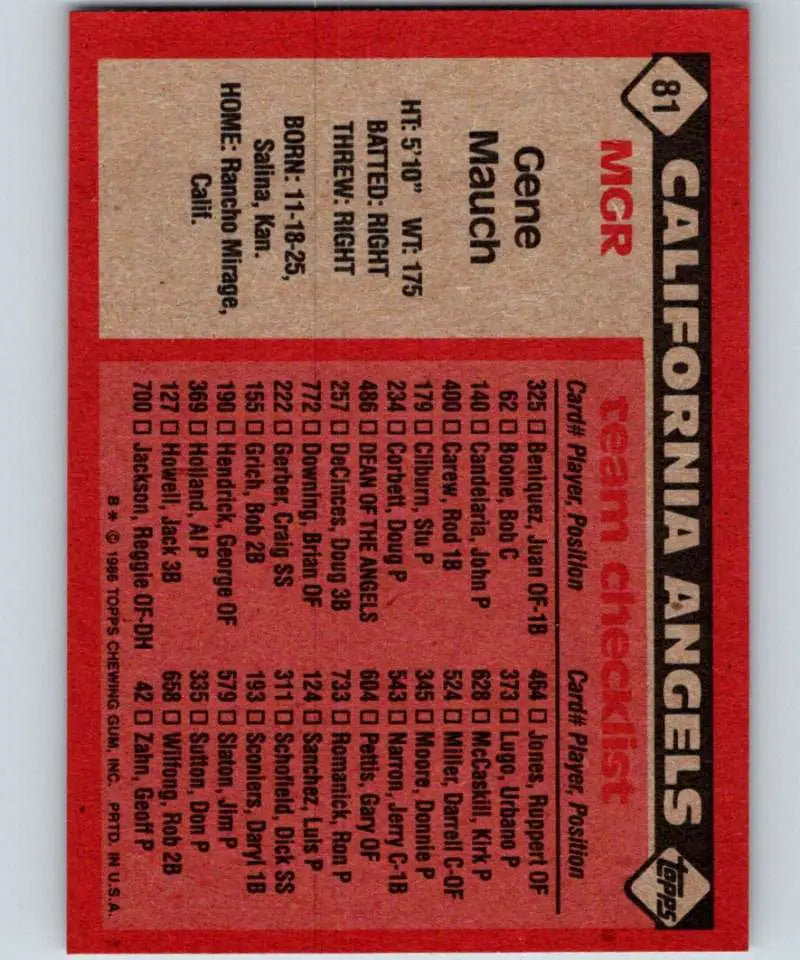 1986 Topps #81 Gene Mauch EX Excellent California Angels Baseball Card - Baseball Card Single