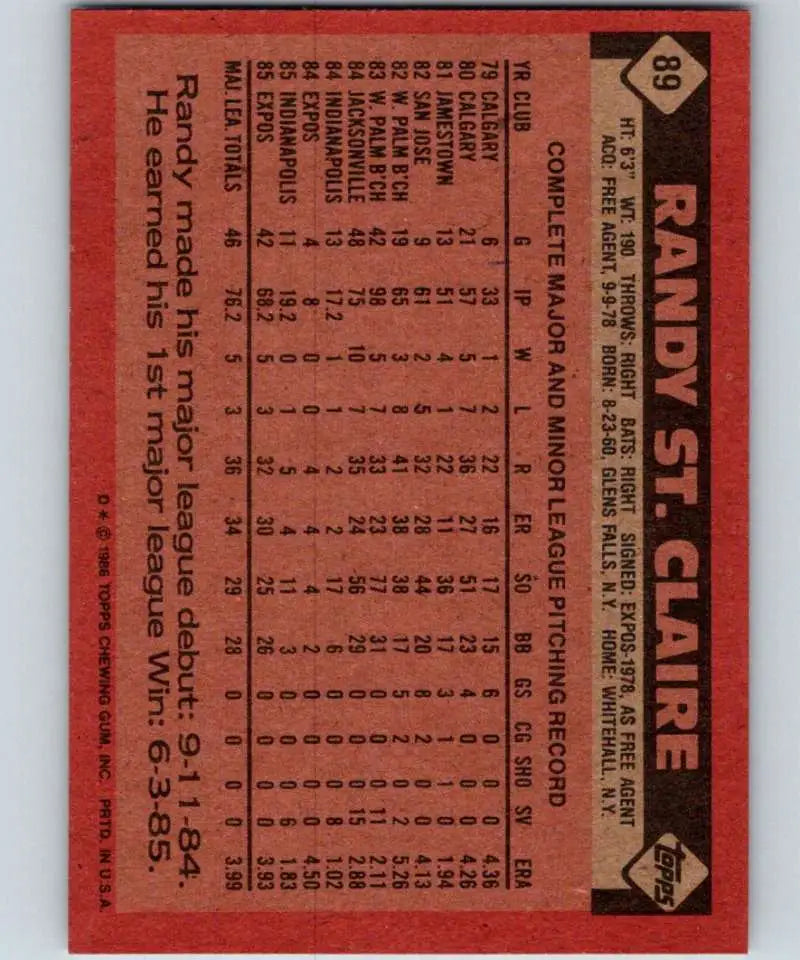1986 Topps #89 Randy St. Claire EX Excellent Montreal Expos Baseball Card - Baseball Card Single