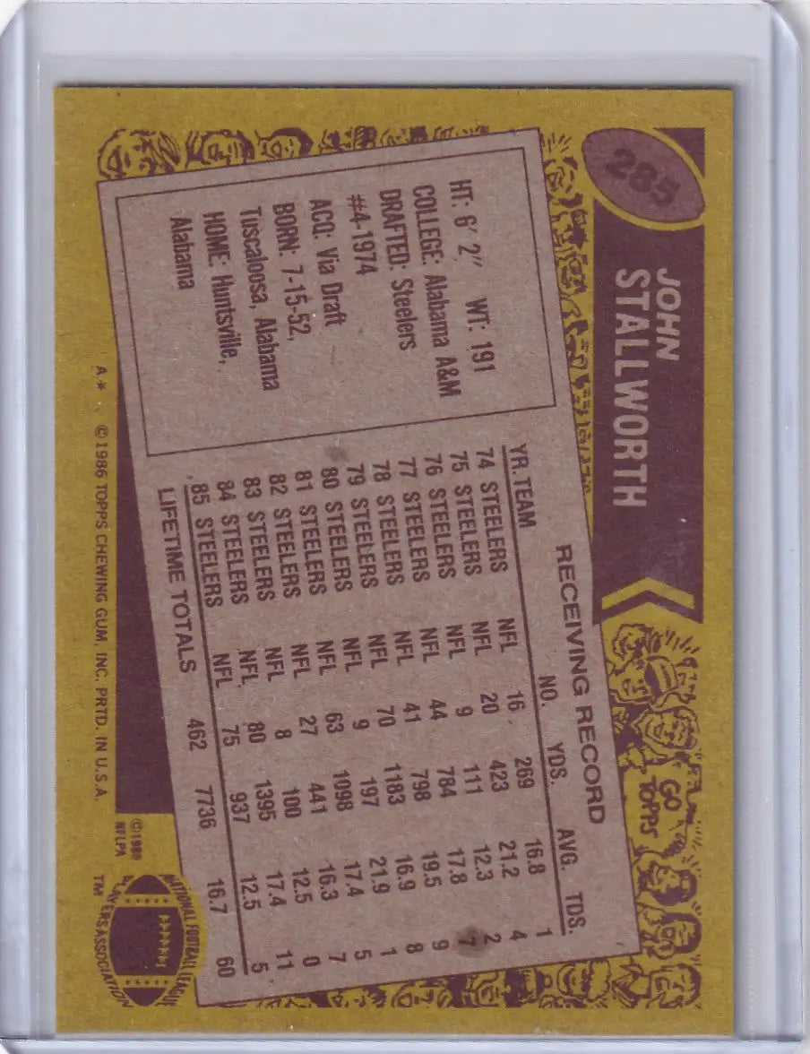 1986 Topps Football #285 John Stallworth card featuring Pittsburgh Steelers legend