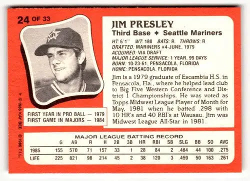 1986 Topps Kay-Bee Young Superstars of Baseball #24 Jim Presley NrMt-Mt ID:50389 - Trading Cards