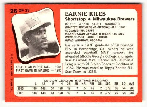 1986 Topps Kay-Bee Young Superstars of Baseball #26 Earnie Riles NrMt-M ID:50383 - Baseball Cards
