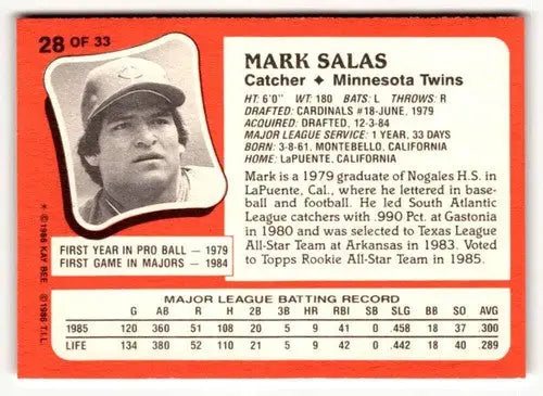1986 Topps Kay-Bee Young Superstars of Baseball #28 Mark Salas NrMt-Mt ID:50401 - Trading Cards