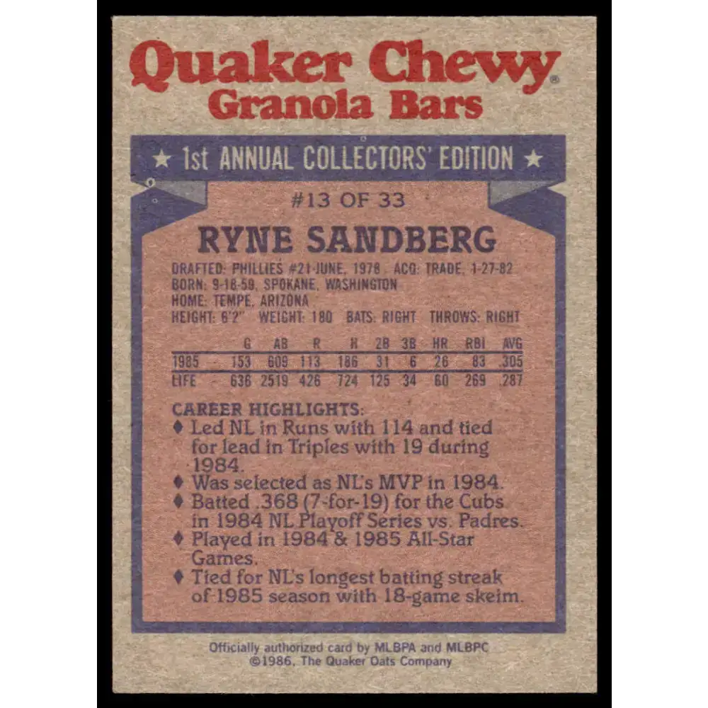 1986 Topps Quaker Granola #13 Ryne Sandberg EX Chicago Cubs Baseball Card