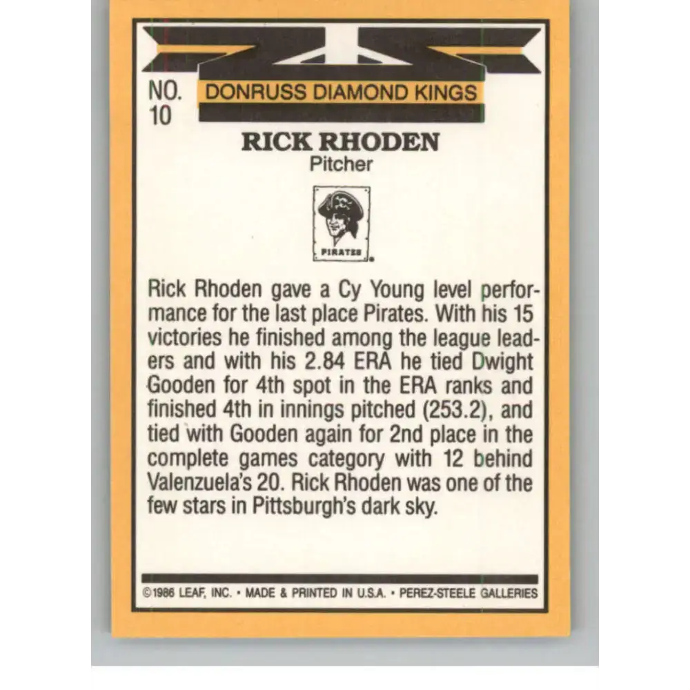 1987 Donruss #10 Rick Rhoden EX Excellent Pittsburgh Pirates Baseball Card - Baseball Card Single