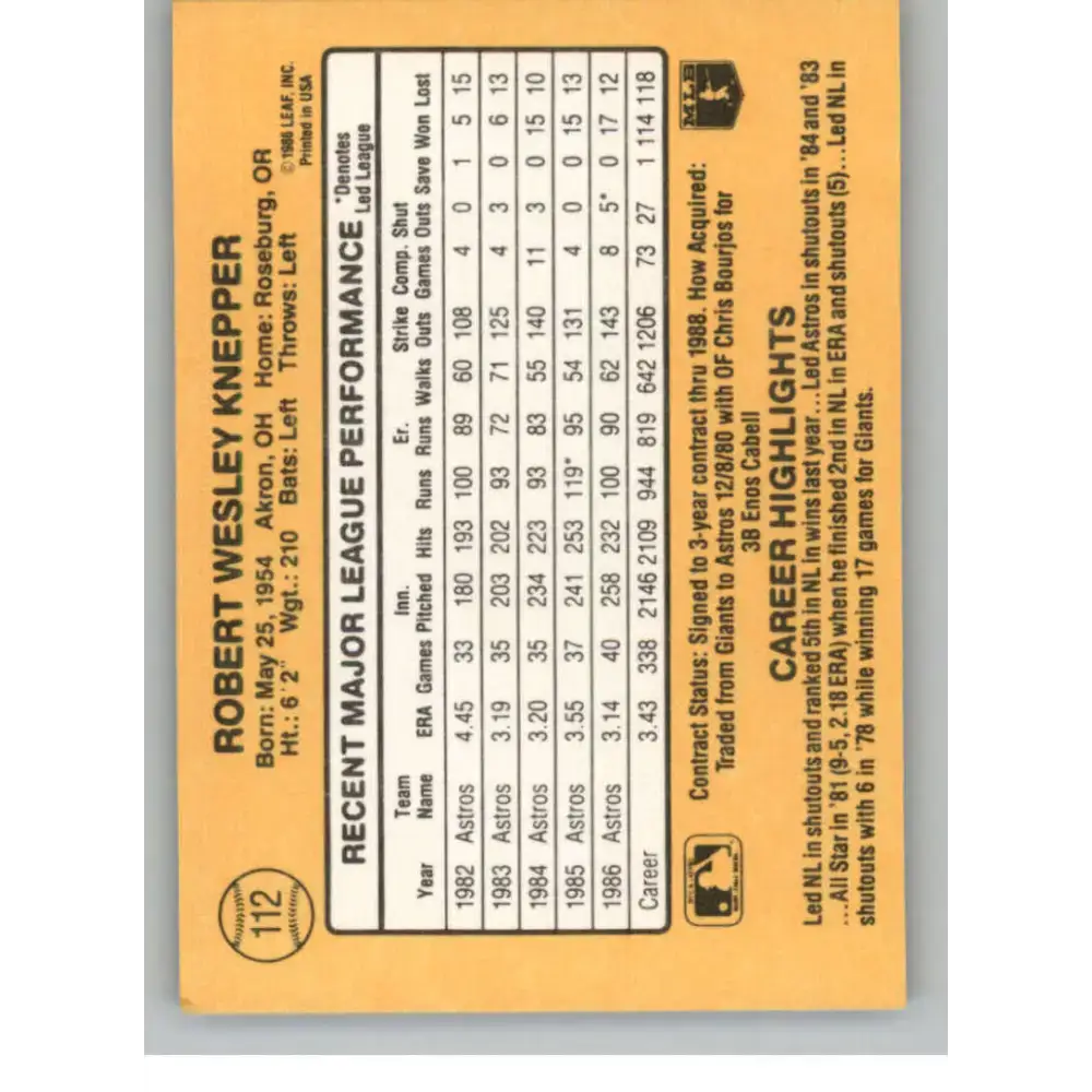 1987 Donruss #112 Bob Knepper EX Excellent Houston Astros Baseball Card - Baseball Card Single