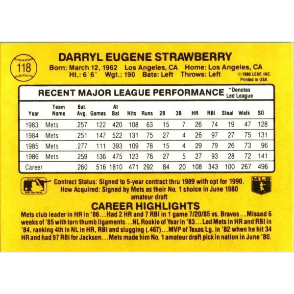 1987 Donruss #118 Darryl Strawberry EX Excellent New York Mets Baseball Card - Baseball Card Single