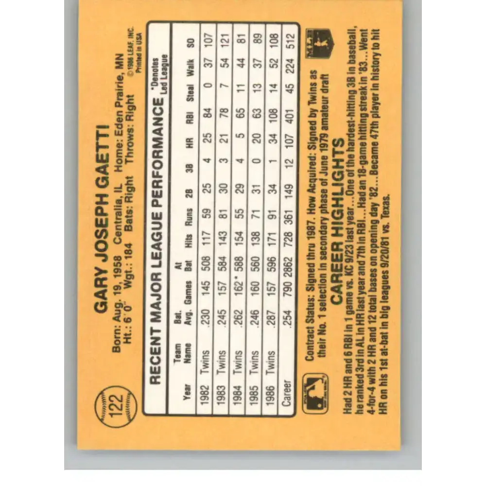 1987 Donruss #122 Gary Gaetti EX Excellent Minnesota Twins Baseball Card - Baseball Card Single
