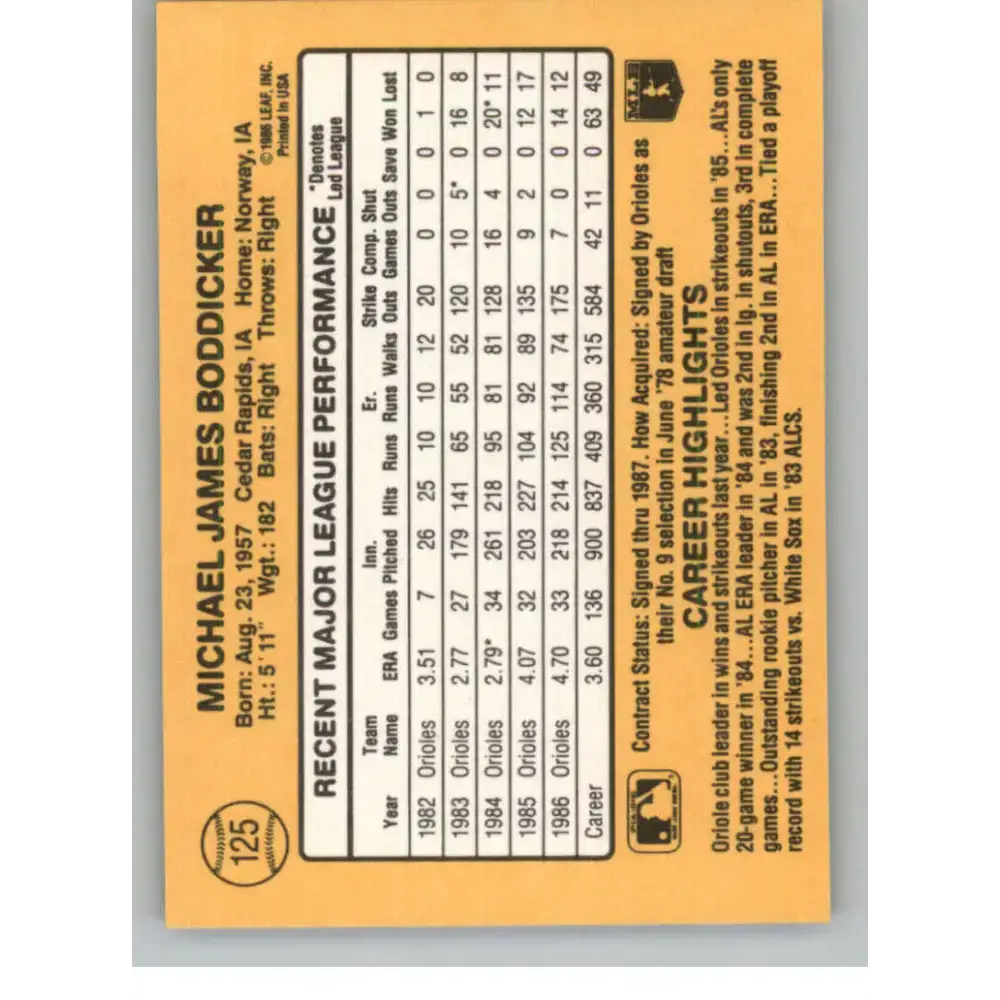 1987 Donruss #125 Mike Boddicker EX Excellent Baltimore Orioles Baseball Card - Baseball Card Single