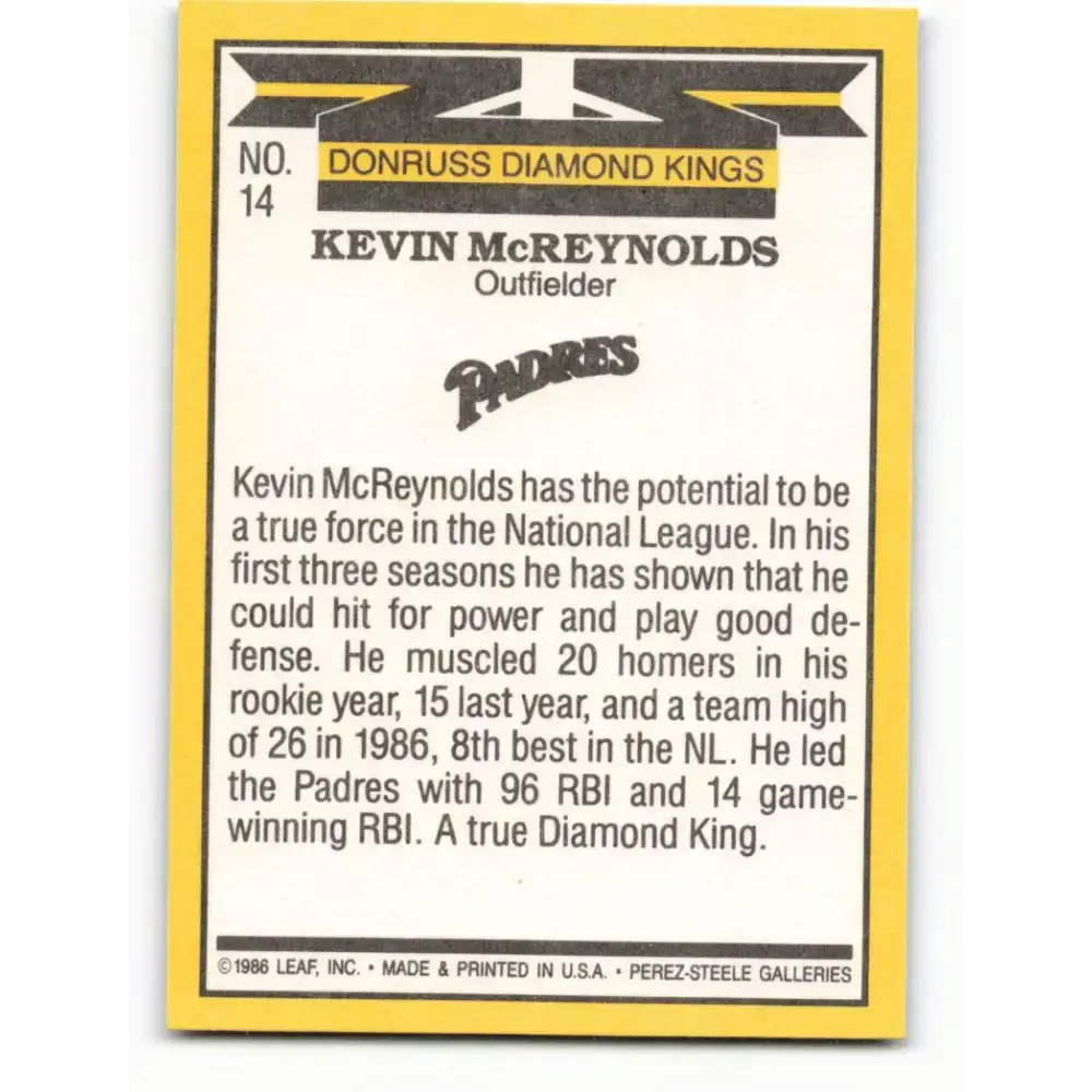 1987 Donruss #14 Kevin McReynolds EX Excellent San Diego Padres Baseball Card - Baseball Card Single