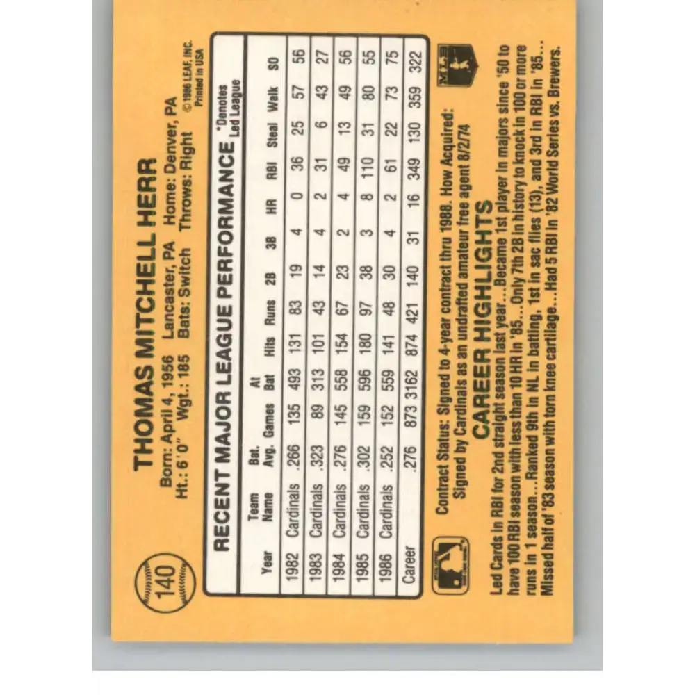 1987 Donruss #140 Tom Herr EX Excellent St. Louis Cardinals Baseball Card - Baseball Card Single