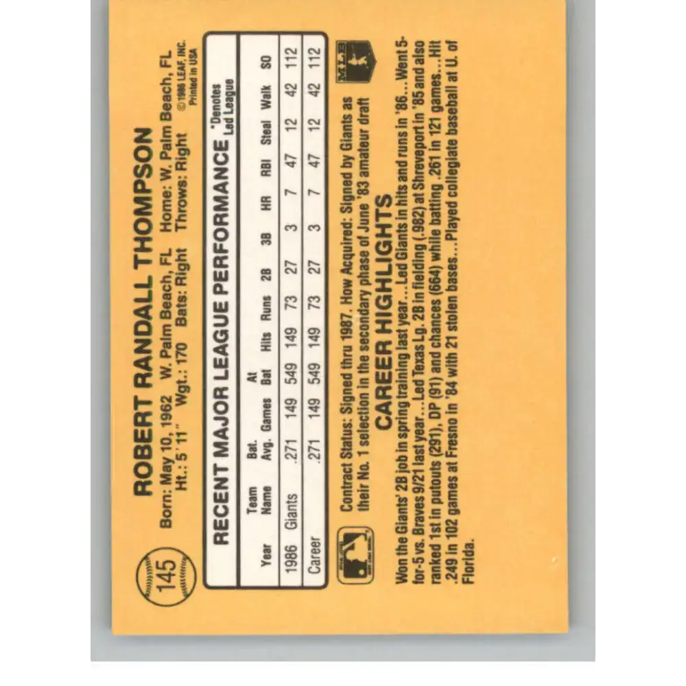 1987 Donruss #145 Robby Thompson EX Excellent RC Rookie San Francisco Giants Baseball Card - Baseball Card Single