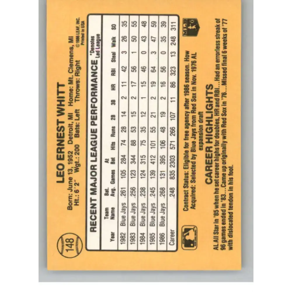 1987 Donruss #148 Ernie Whitt EX Excellent Toronto Blue Jays Baseball Card - Baseball Card Single