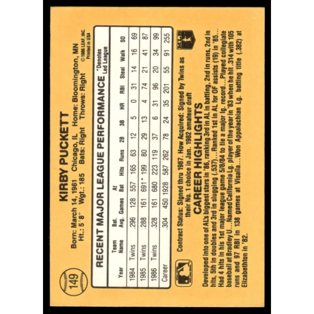 1987 Donruss #149 Kirby Puckett EX/NM Minnesota Twins Baseball Card - Baseball Card Single