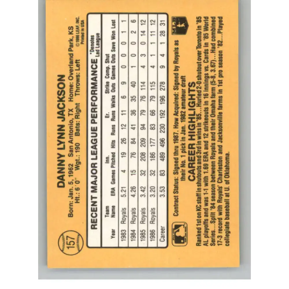 1987 Donruss #157 Danny Jackson EX Excellent Kansas City Royals Baseball Card - Baseball Card Single