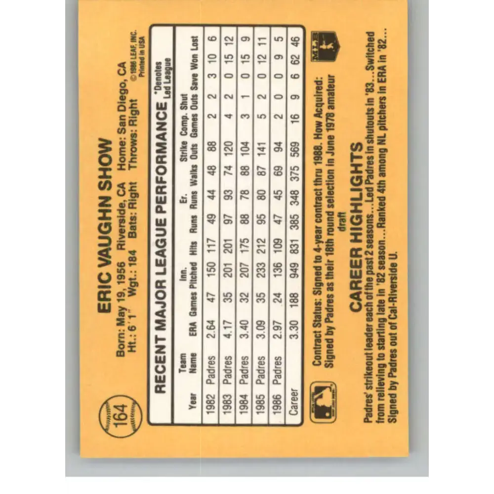 1987 Donruss #164 Eric Show EX Excellent San Diego Padres Baseball Card - Baseball Card Single