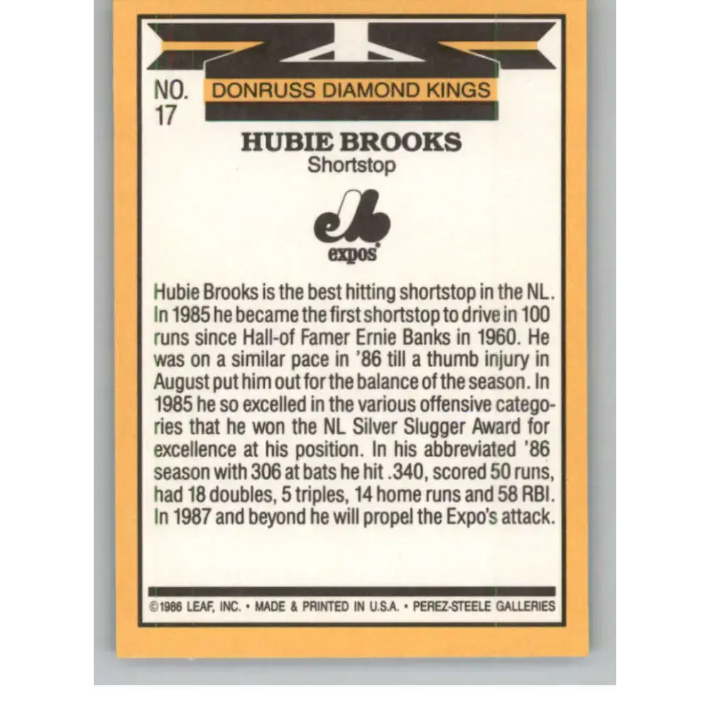 1987 Donruss #17 Hubie Brooks EX Excellent Montreal Expos Baseball Card - Baseball Card Single