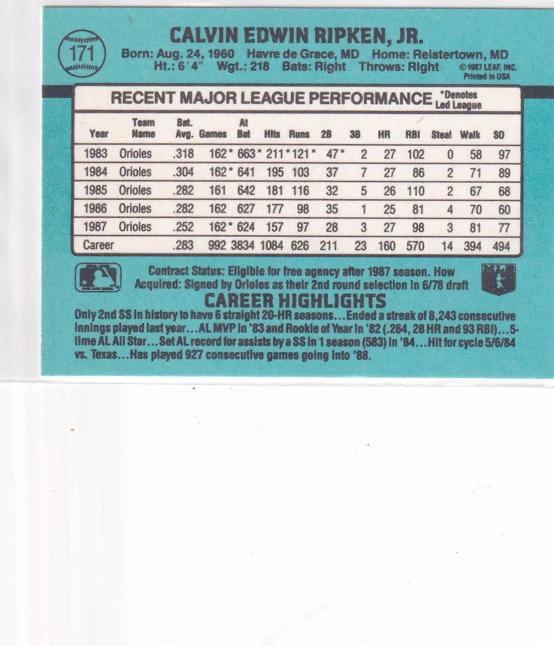 1987 DONRUSS #171 CAL RIPKEN JR- BALTIMORE ORIOLES - Baseball Card Single