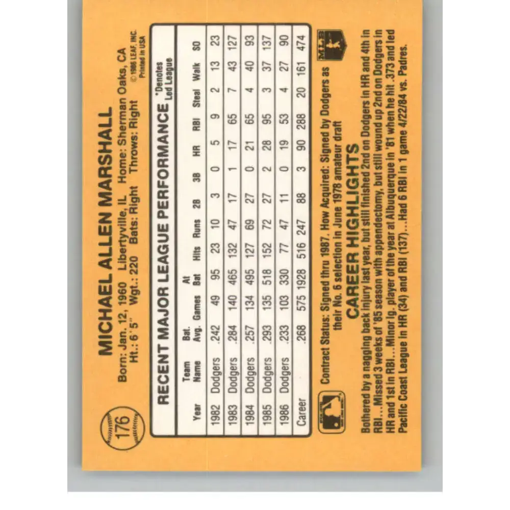 1987 Donruss #176 Mike Marshall EX Excellent Los Angeles Dodgers Baseball Card - Baseball Card Single
