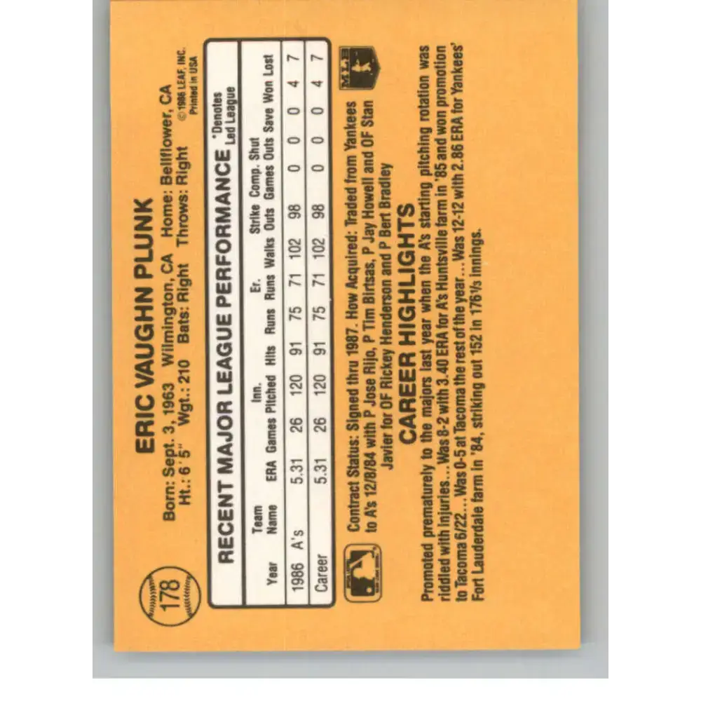 1987 Donruss #178 Eric Plunk EX Excellent Oakland Athletics Baseball Card - Baseball Card Single