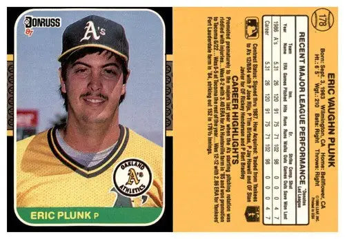 Original gloss of Eric Plunk baseball card from 1987 Donruss #178 featuring Simply Sandoval