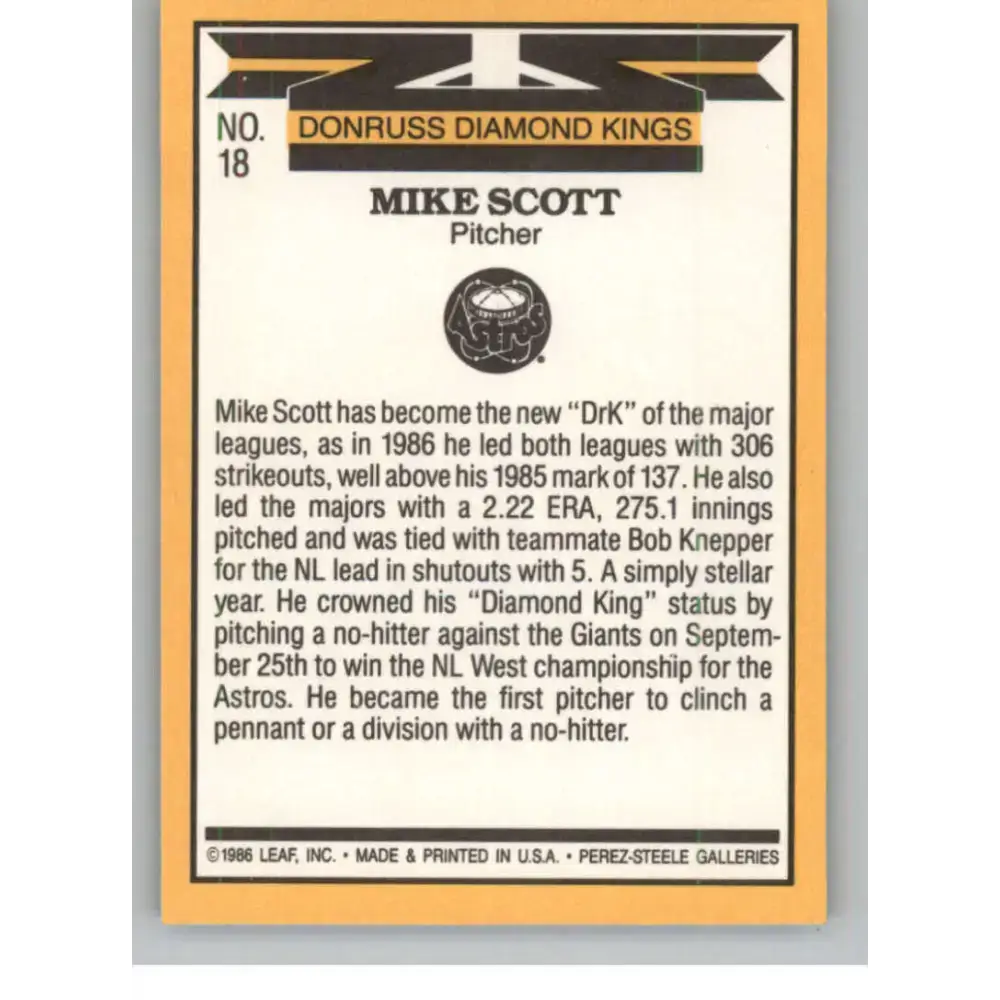 1987 Donruss #18 Mike Scott EX Excellent Houston Astros Baseball Card - Baseball Card Single