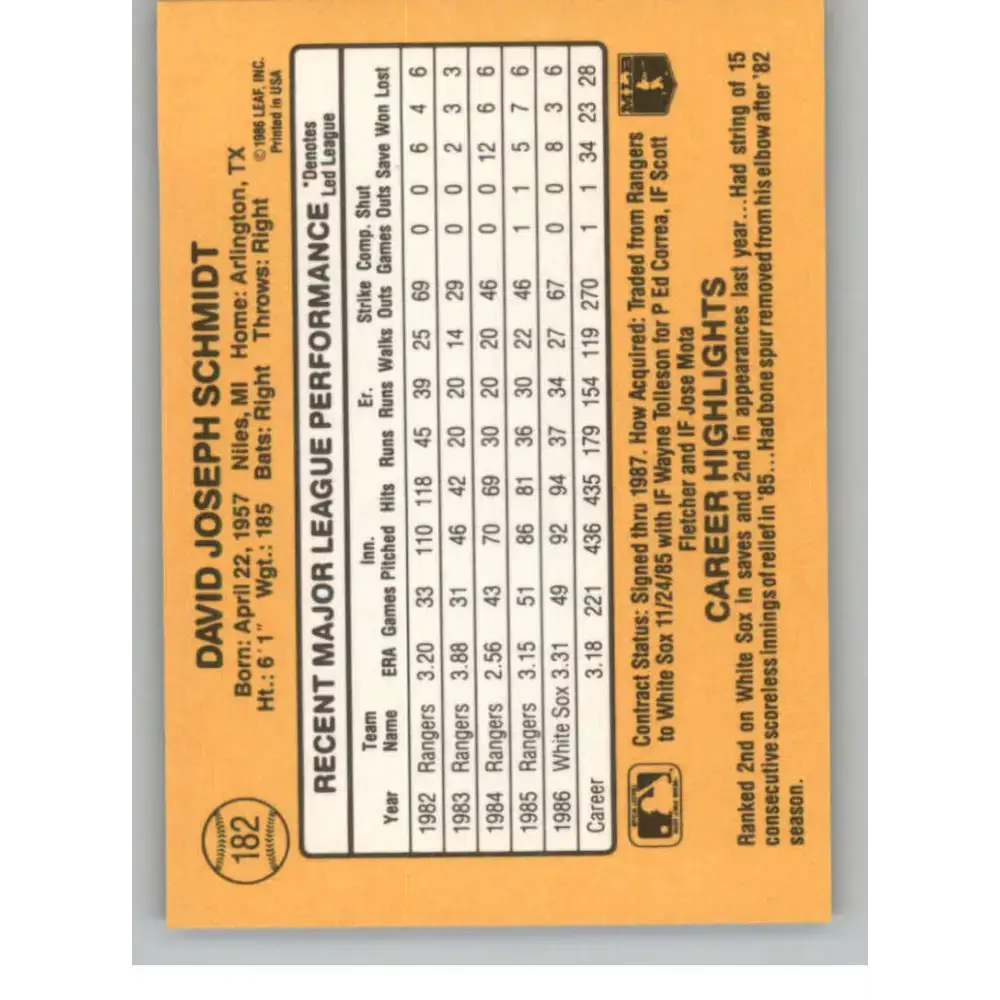 1987 Donruss #182 Dave Schmidt EX Excellent Chicago White Sox Baseball Card - Baseball Card Single