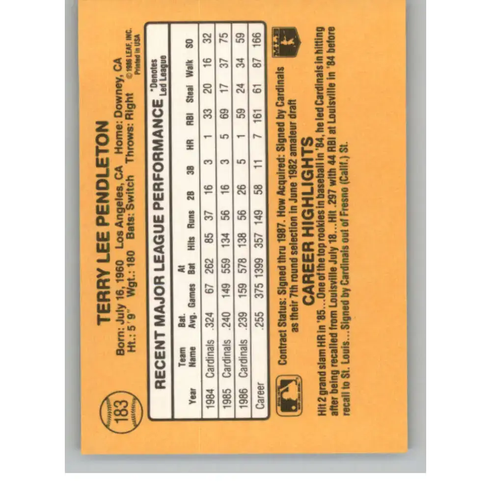 1987 Donruss #183 Terry Pendleton EX Excellent St. Louis Cardinals Baseball Card - Baseball Card Single