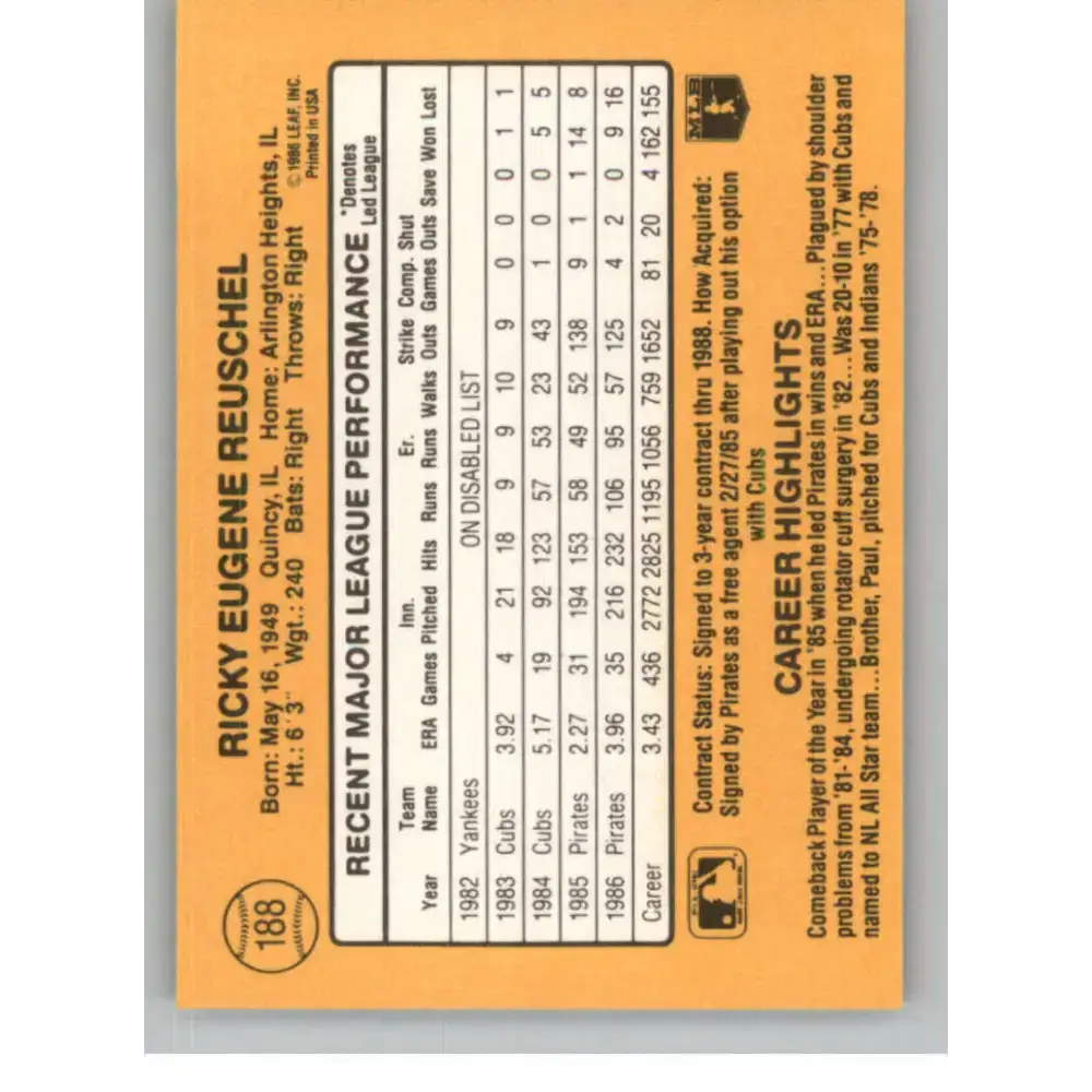 1987 Donruss #188 Rick Reuschel EX Excellent Pittsburgh Pirates Baseball Card - Baseball Card Single