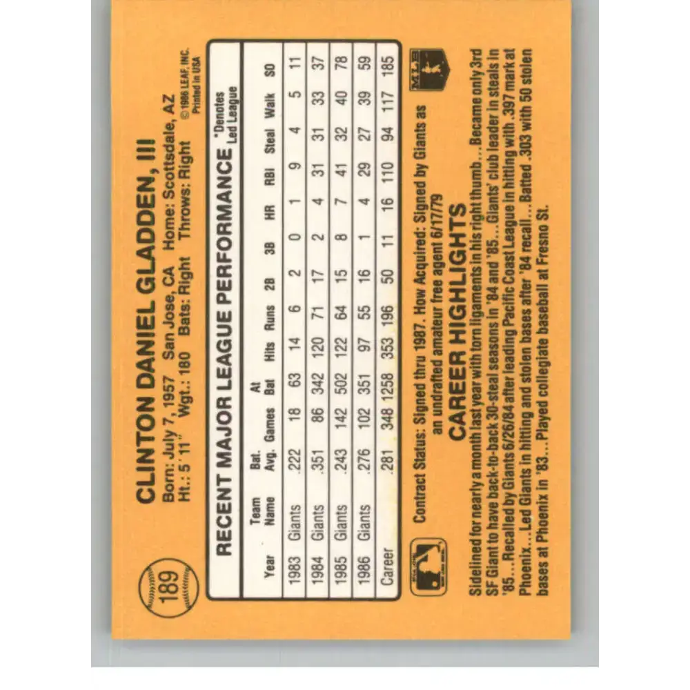 1987 Donruss #189 Dan Gladden EX Excellent San Francisco Giants Baseball Card - Baseball Card Single