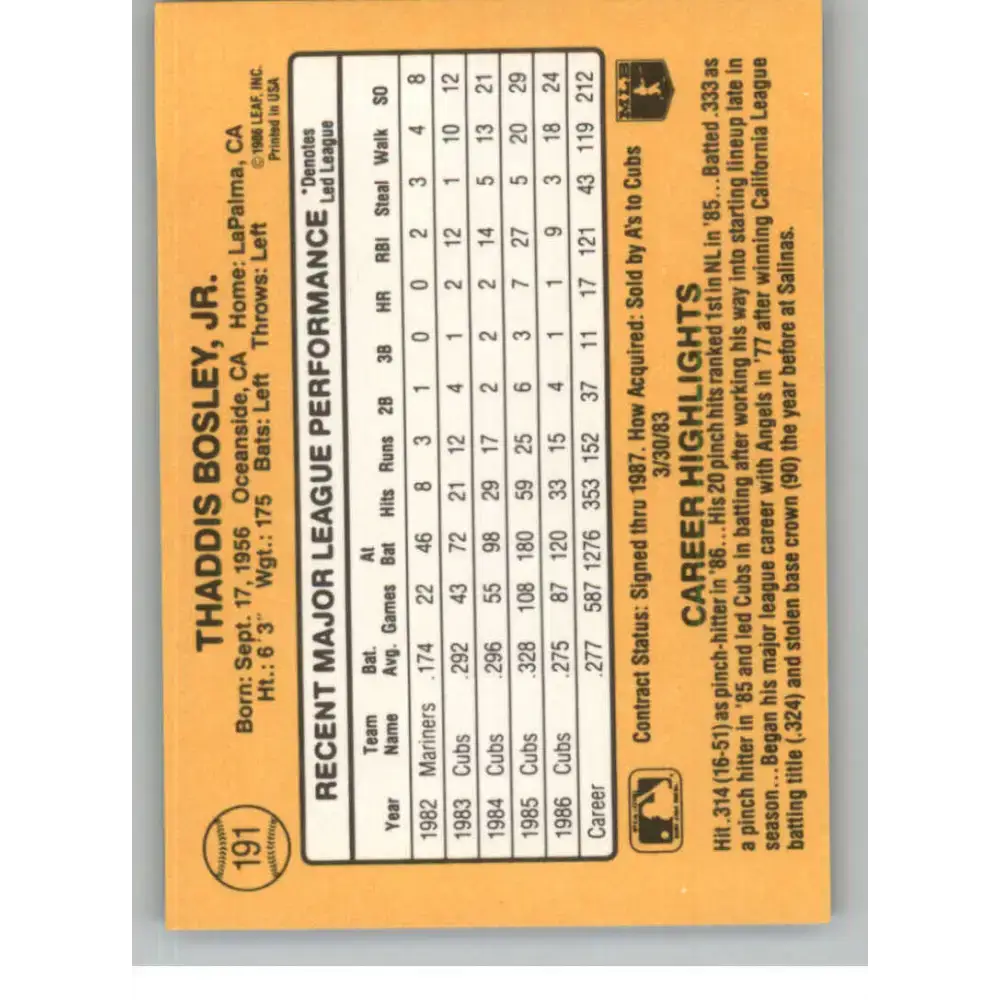 1987 Donruss #191 Thad Bosley EX Excellent Chicago Cubs Baseball Card - Baseball Card Single