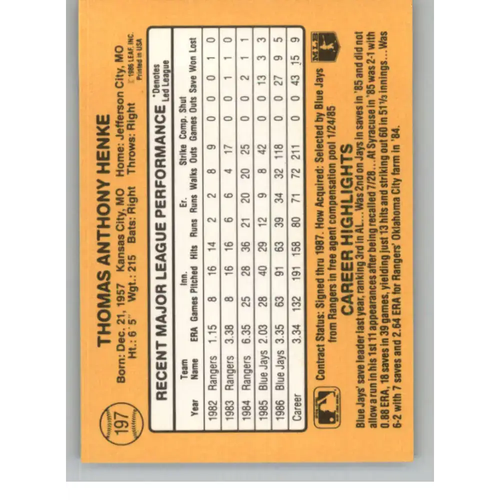 1987 Donruss #197 Tom Henke EX Excellent Toronto Blue Jays Baseball Card - Baseball Card Single
