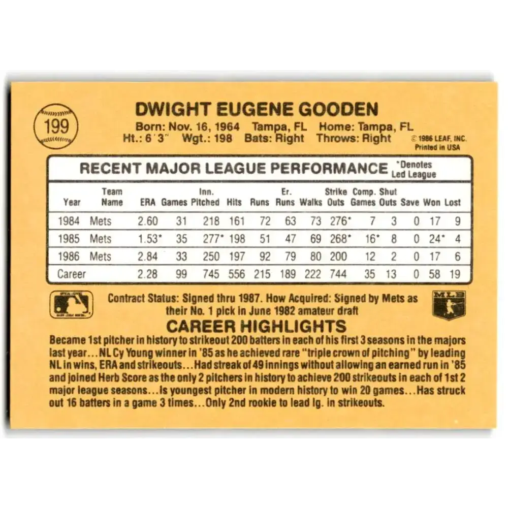 1987 Donruss #199 Dwight Gooden EX Excellent New York Mets Baseball Card - Baseball Card Single