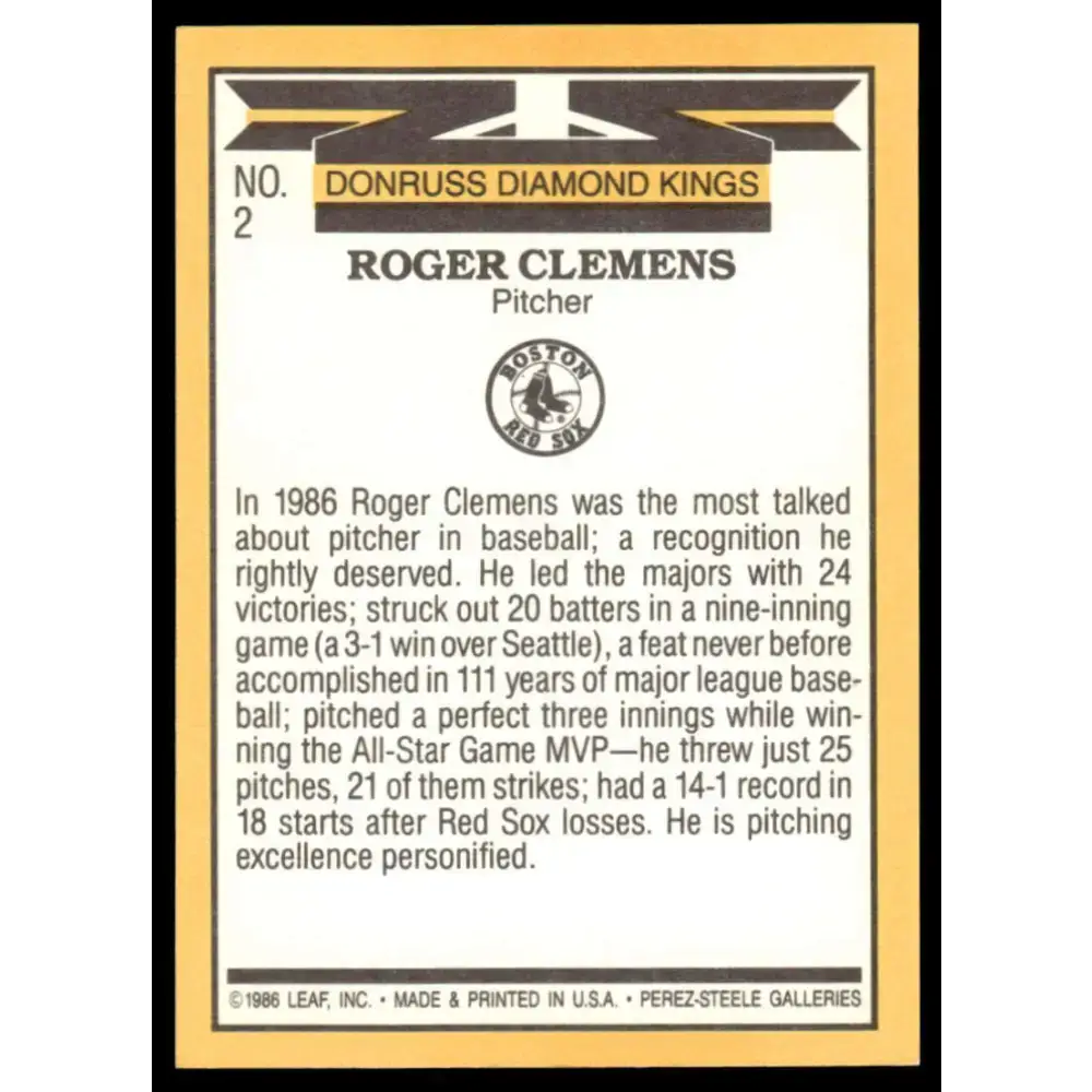 1987 Donruss #2 Roger Clemens EX/NM Boston Red Sox Baseball Card - Baseball Card Single