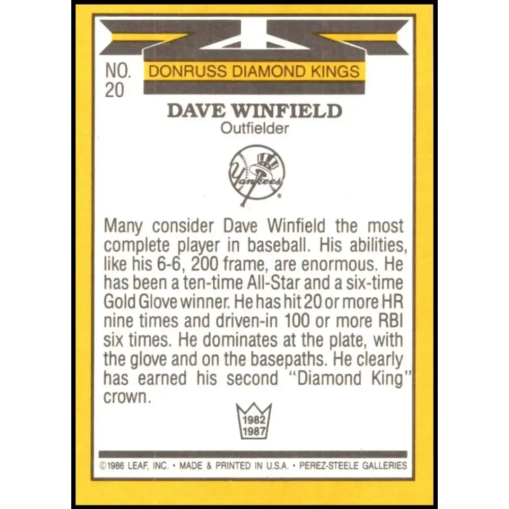 1987 Donruss #20 Dave Winfield EX Excellent New York Yankees Baseball Card - Baseball Card Single