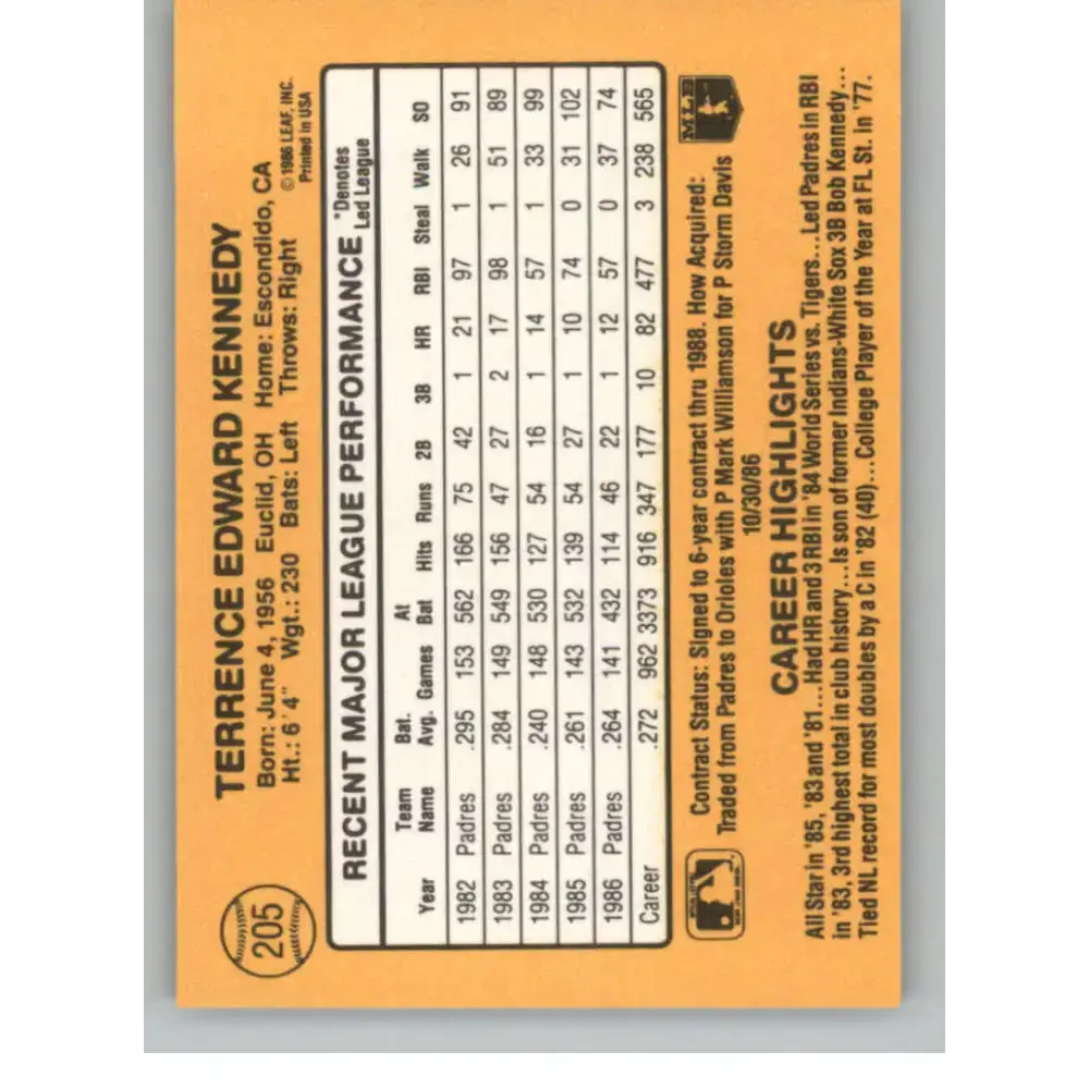 1987 Donruss #205 Terry Kennedy EX Excellent San Diego Padres Baseball Card - Baseball Card Single