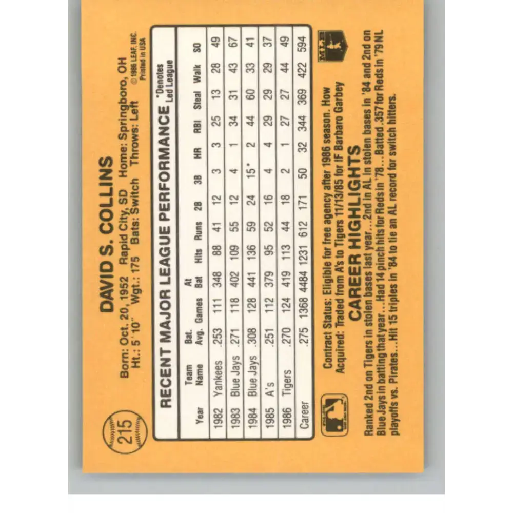 1987 Donruss #215 Dave Collins EX Excellent Detroit Tigers Baseball Card - Baseball Card Single