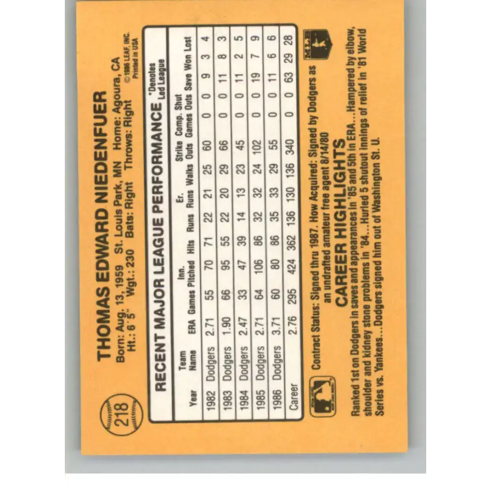 1987 Donruss #218 Tom Niedenfuer EX Excellent Los Angeles Dodgers Baseball Card