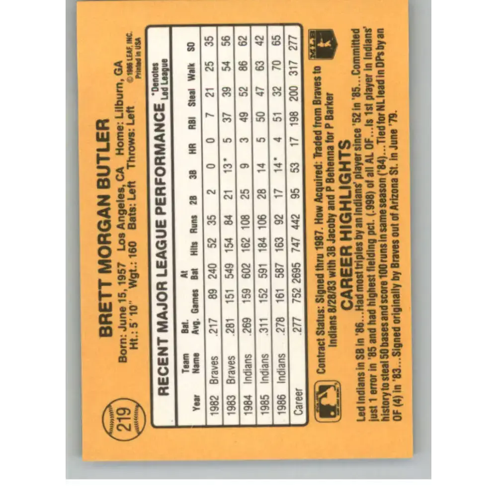 1987 Donruss #219 Brett Butler EX Excellent Cleveland Indians Baseball Card - Baseball Card Single