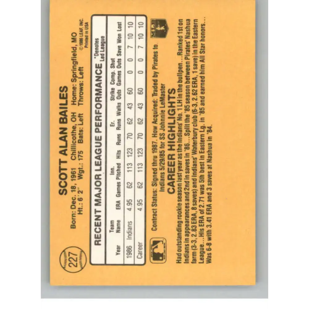 1987 Donruss #227 Scott Bailes EX Excellent RC Rookie Cleveland Indians Baseball Card - Baseball Card Single