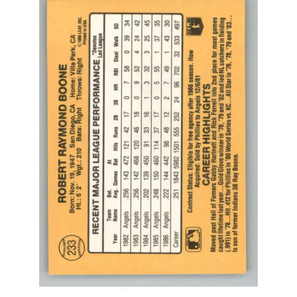 1987 Donruss #233 Bob Boone EX Excellent California Angels Baseball Card - Baseball Card Single