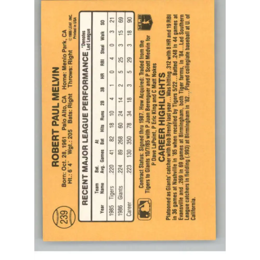 1987 Donruss #239 Bob Melvin EX Excellent San Francisco Giants Baseball Card - Baseball Card Single