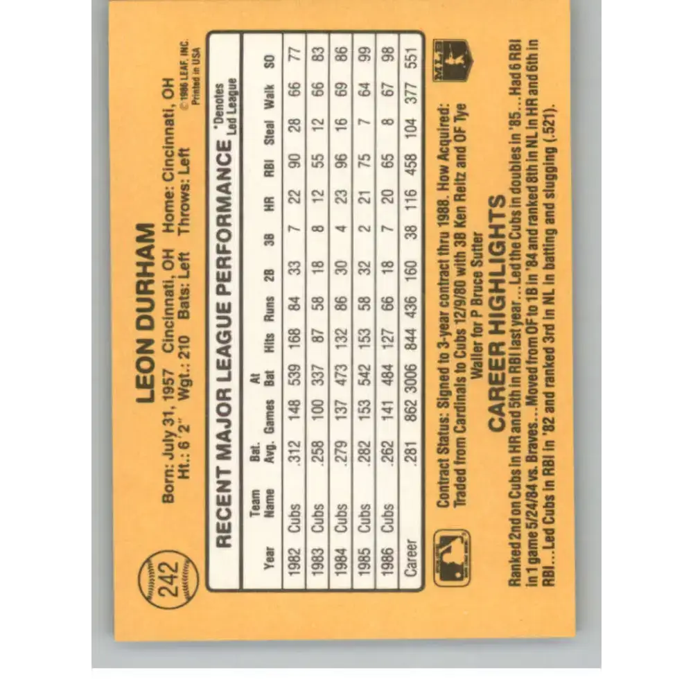 1987 Donruss #242 Leon Durham EX Excellent Chicago Cubs Baseball Card - Baseball Card Single