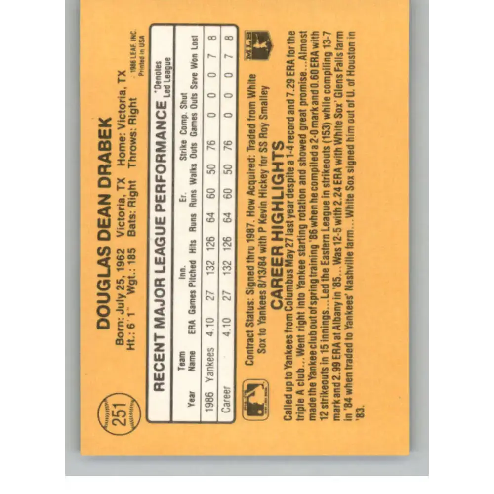 1987 Donruss #251 Doug Drabek EX Excellent RC Rookie New York Yankees Baseball Card - Baseball Card Single
