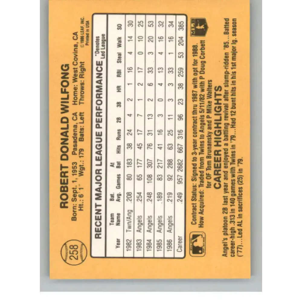 1987 Donruss #258 Rob Wilfong EX Excellent California Angels Baseball Card - Baseball Card Single