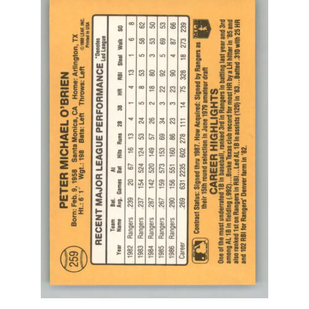 1987 Donruss #259 Pete O’Brien EX Excellent Texas Rangers Baseball Card - Baseball Card Single